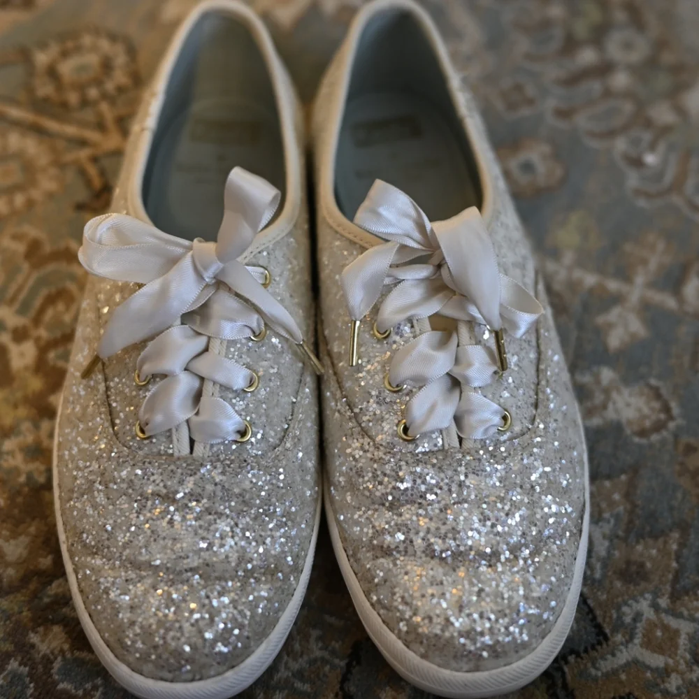Keds X Kate Spade Silver Glitter White Sequin Sneakers White Laces Size 8 Bridal
